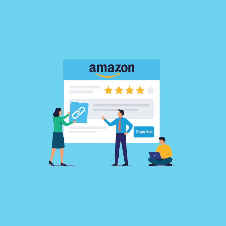 A blue illustration of 2 people looking at an Amazon window