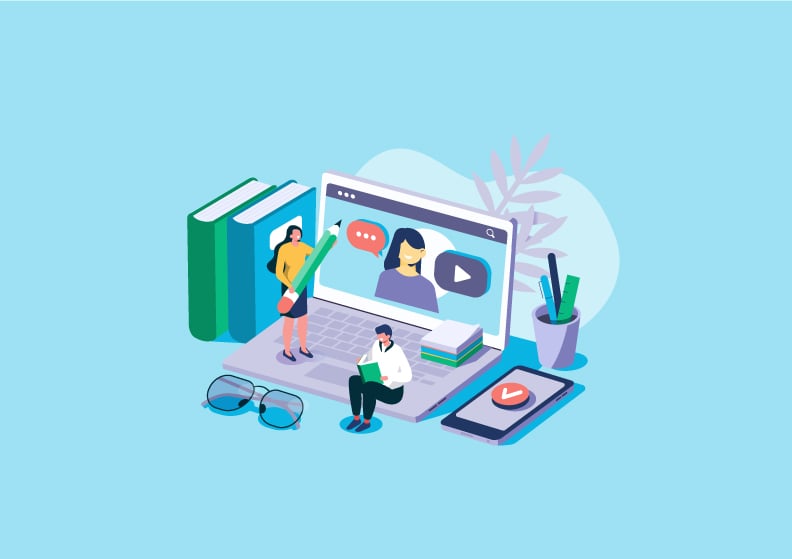 Illustrated people on a laptop